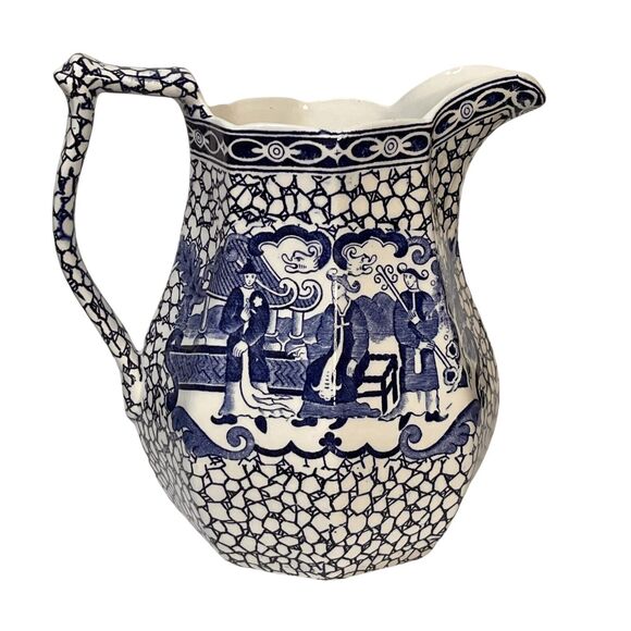 Vtg English William Adams Double Sided Blue & White Pottery Pitcher Oriental - Picture 5 of 12
